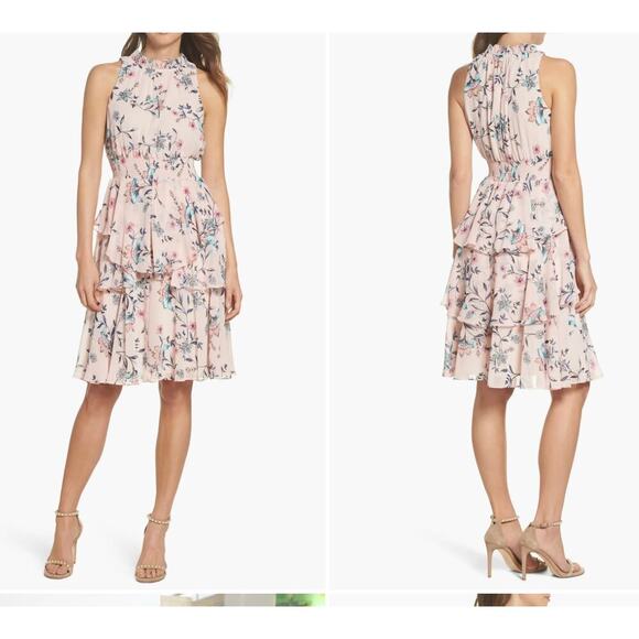 Women’s Size 16 Eliza J Floral Tiered Ruffle Halter Dress Pink Blue - Picture 6 of 7